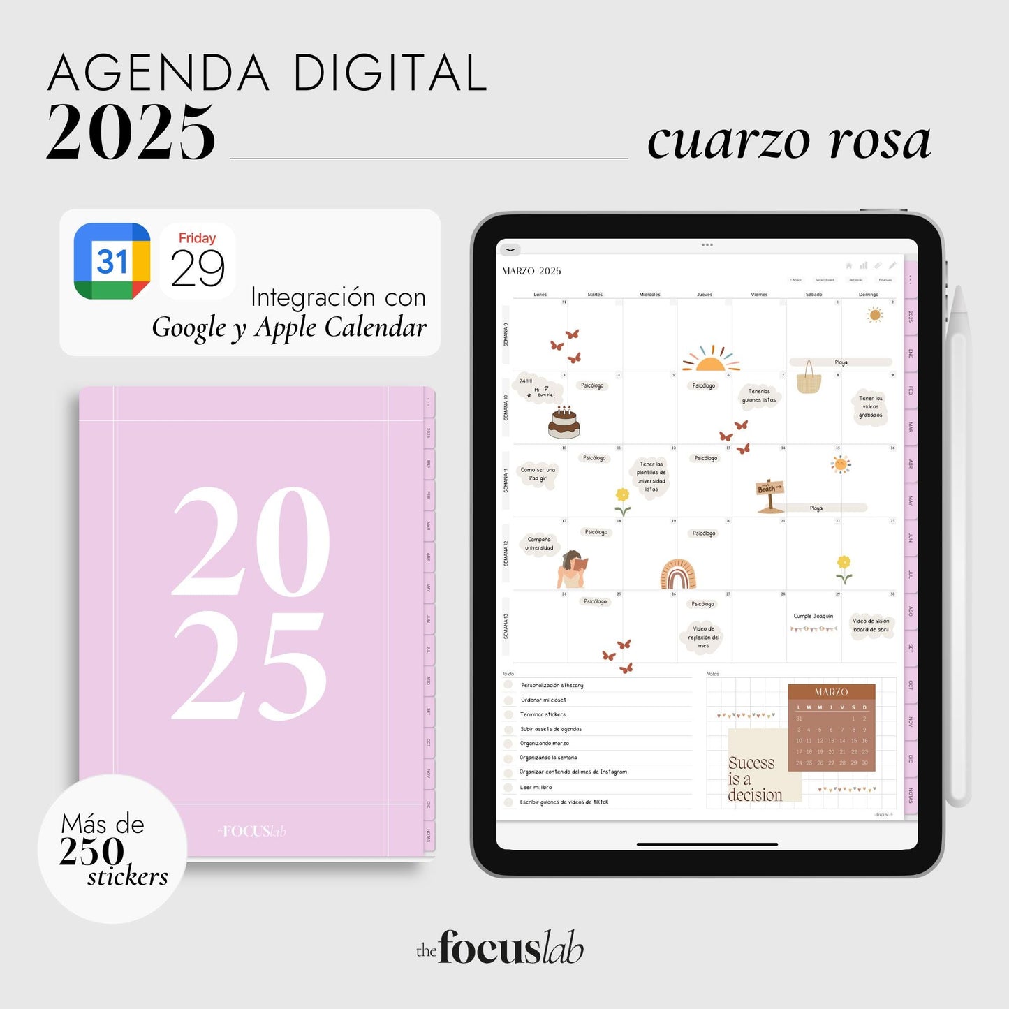 Agenda Digital 2025 Cuarzo Rosa con Integración a Apple y Google Calendar y STICKERS