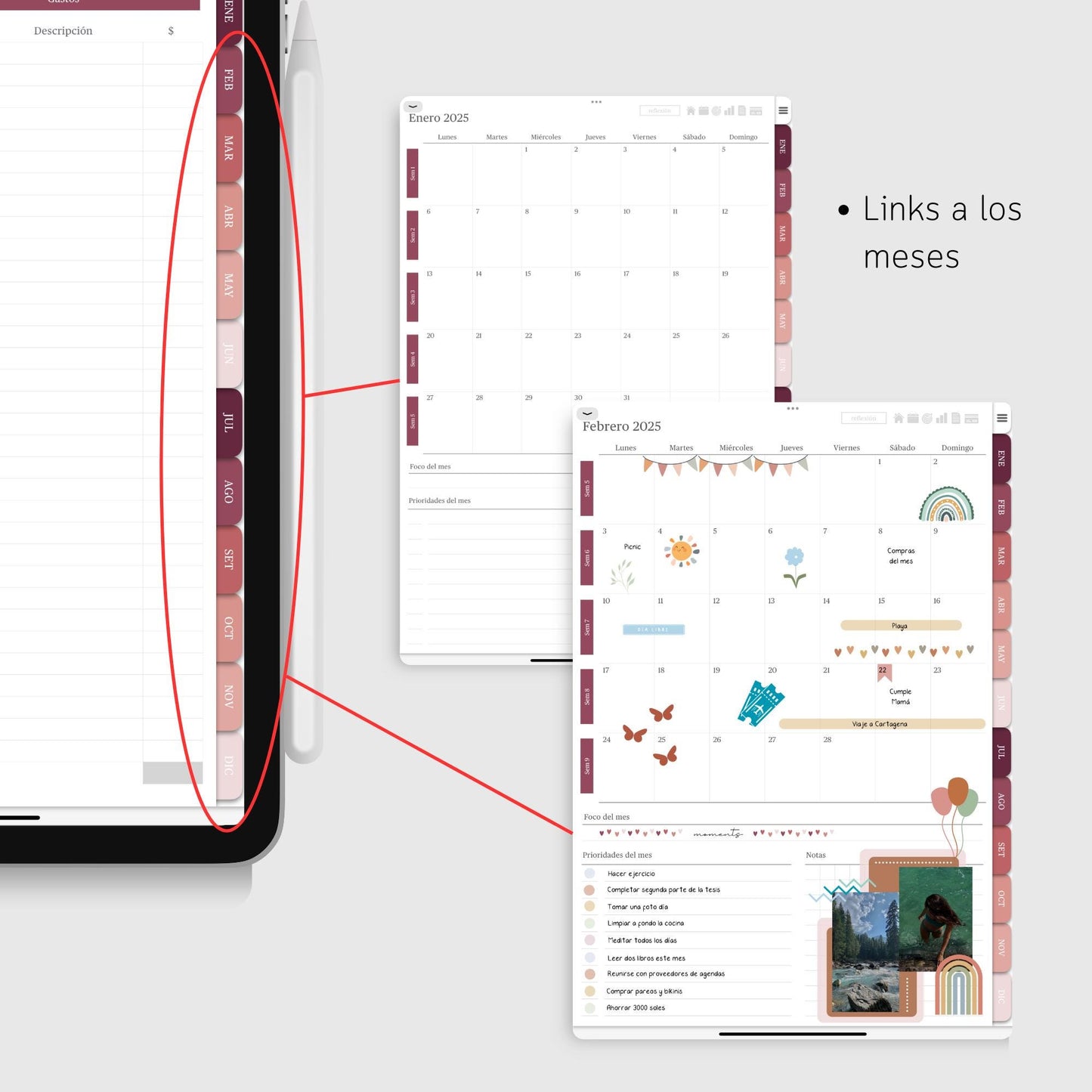 Agenda Digital 2025 Rosada con Links para iPad con MÁS de 500 STICKERS
