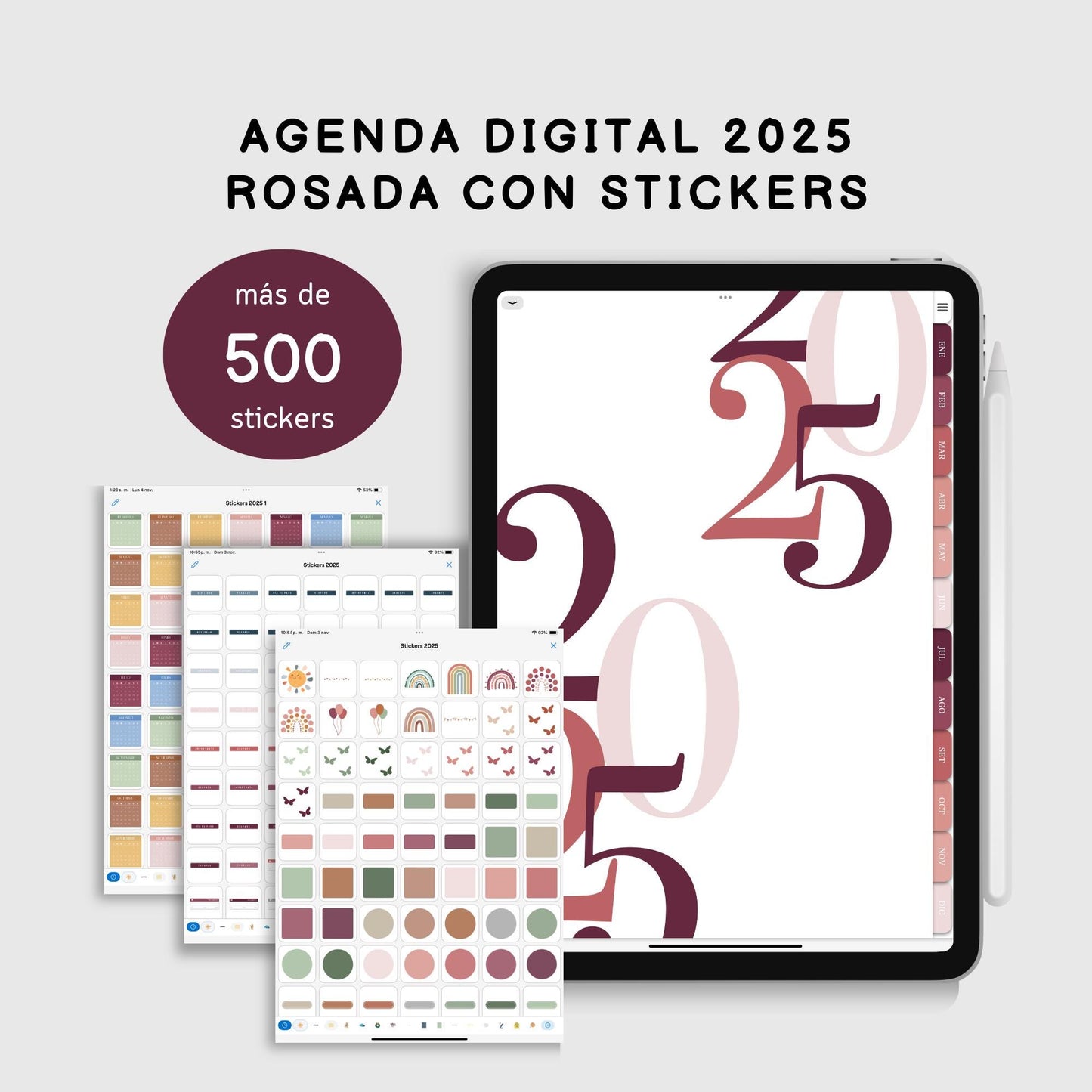 Agenda Digital 2025 Rosada con Links para iPad con MÁS de 500 STICKERS