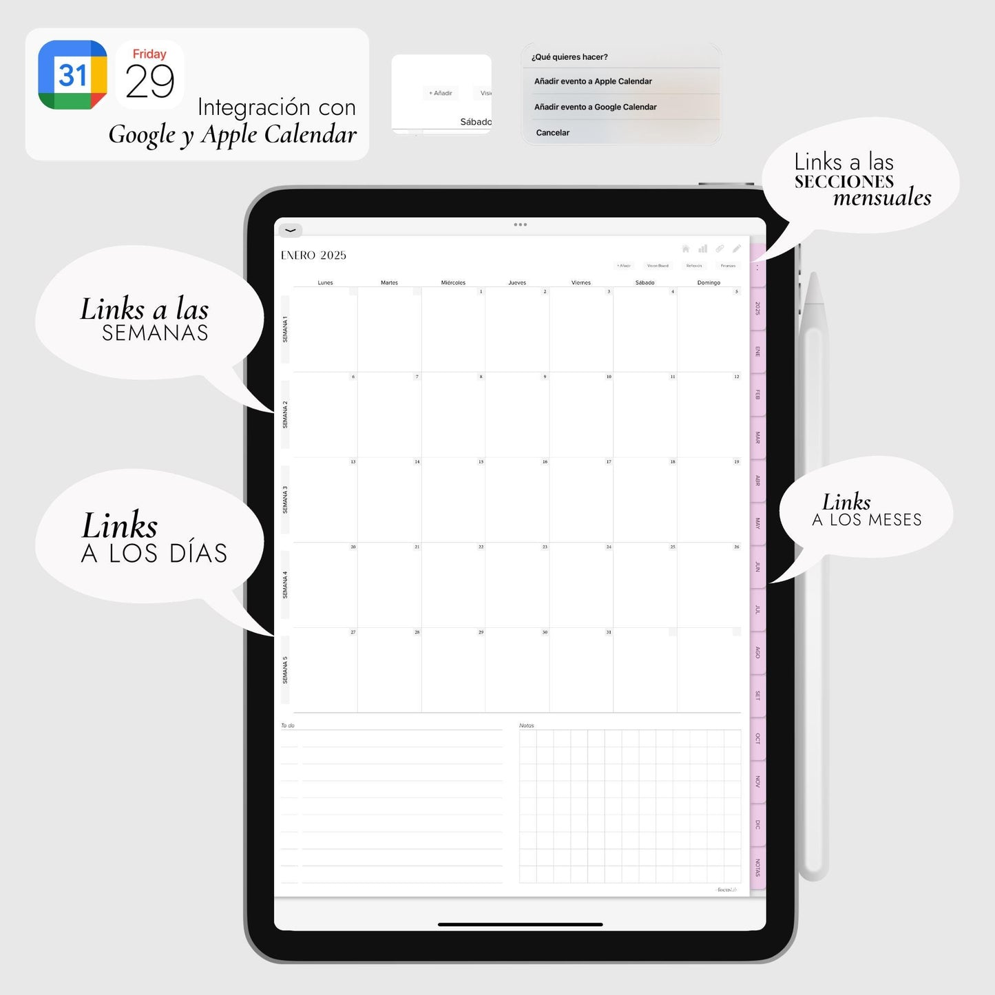 Agenda Digital 2025 Cuarzo Rosa con Integración a Apple y Google Calendar y STICKERS