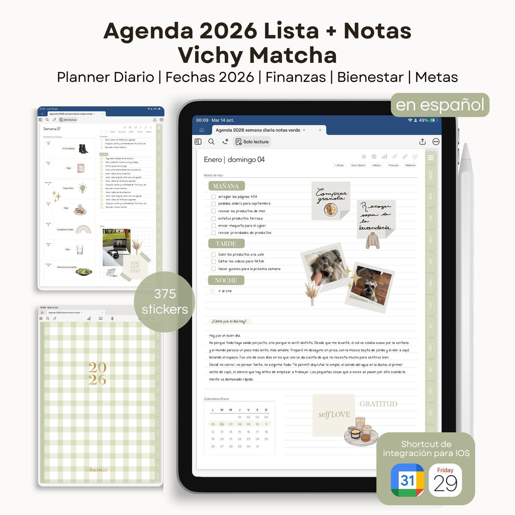 Agenda Digital Vichy Matcha 2026 Diaria - Detalle de diseño