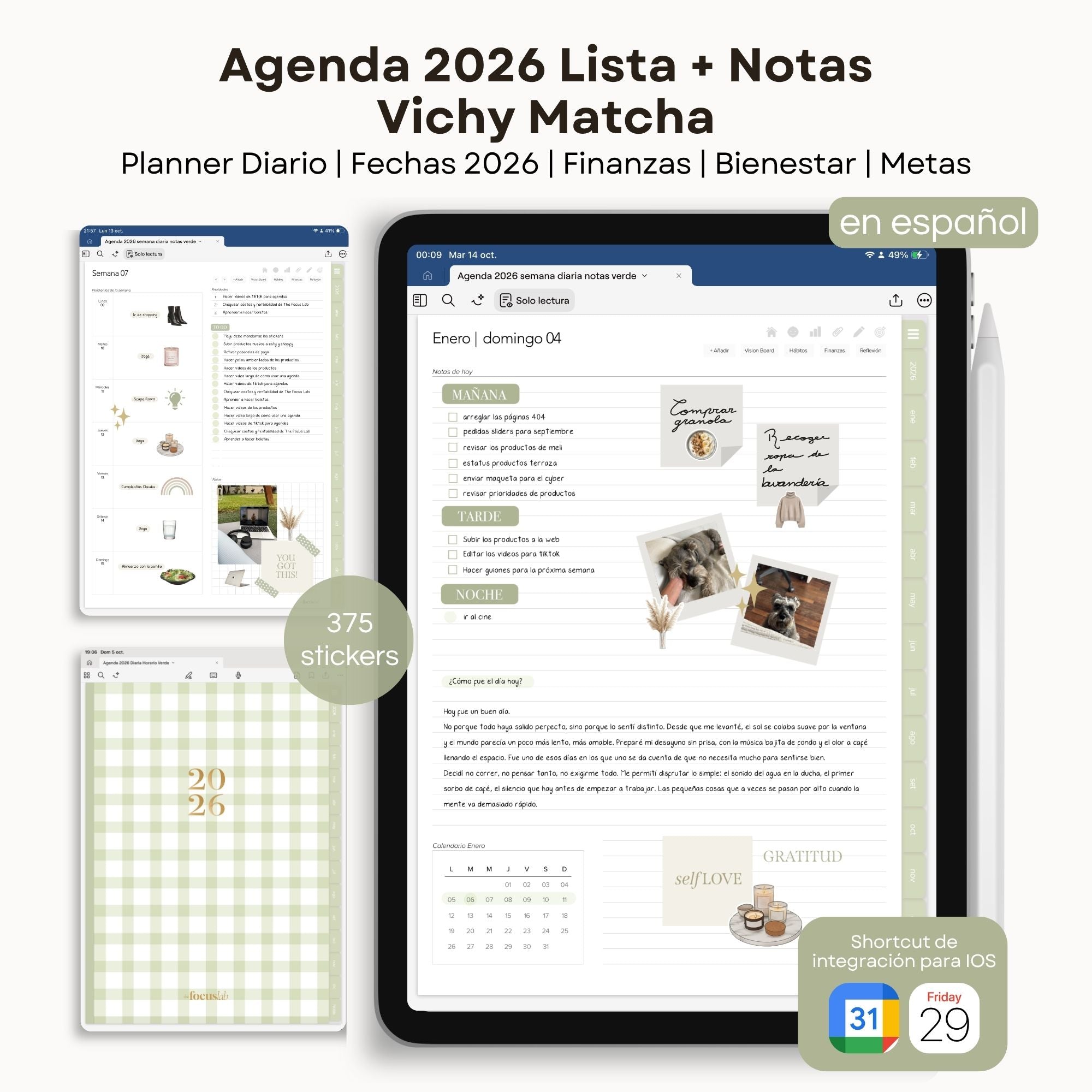 Agenda Digital Vichy Matcha 2026 Diaria - Detalle de diseño