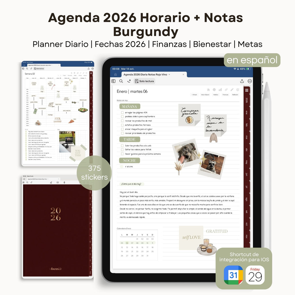 Agenda Digital Rojo Vino 2026 Diaria - Vista interior de páginas