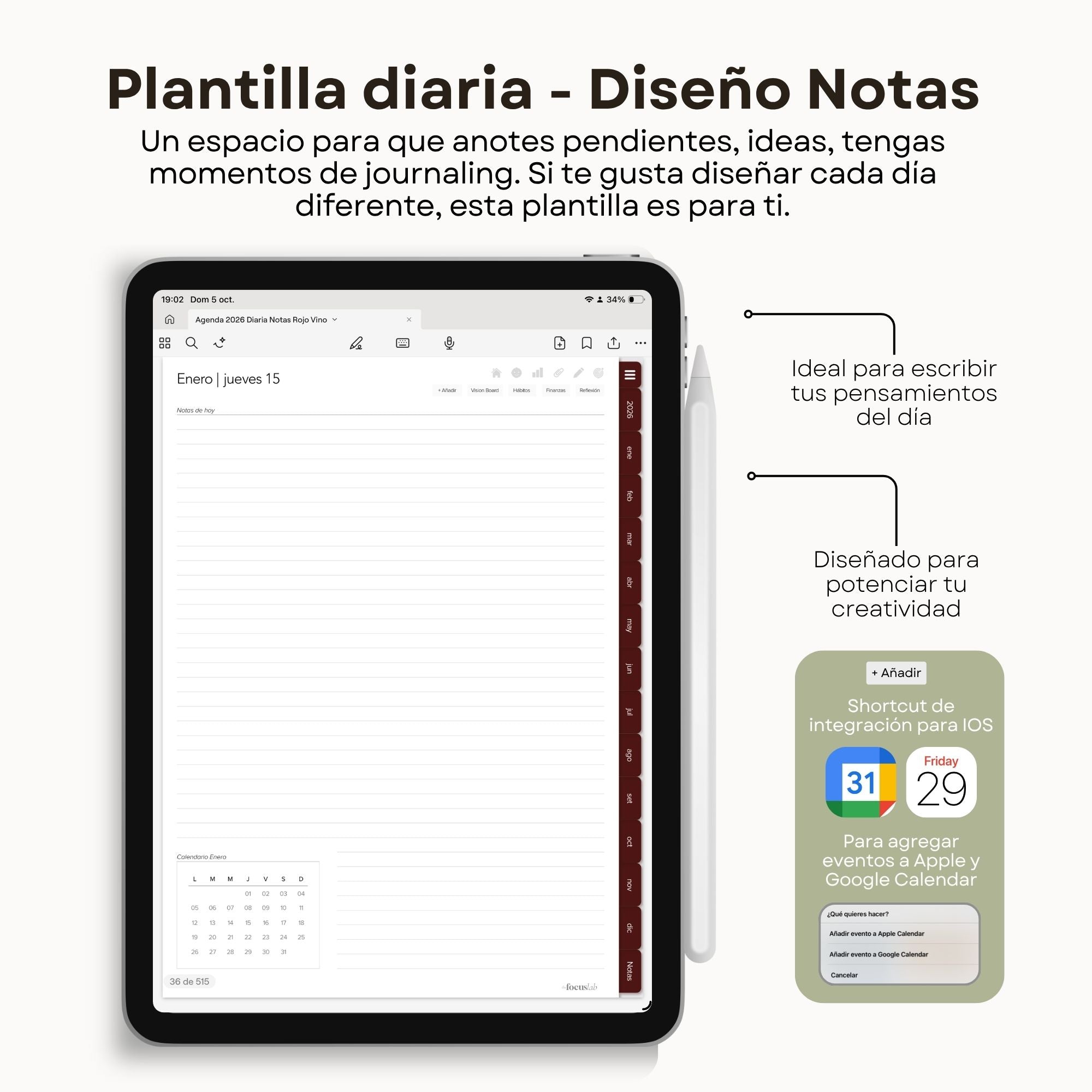 Agenda Digital Rojo Vino 2026 Diaria - Páginas adicionales