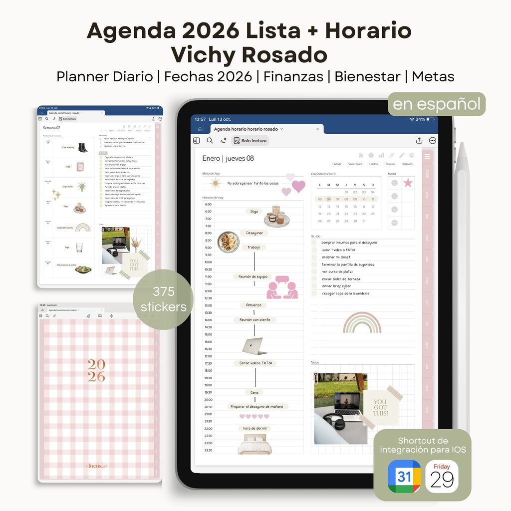 Agenda Digital Vichy Rosado 2026 Diaria - Diseño de página mensual