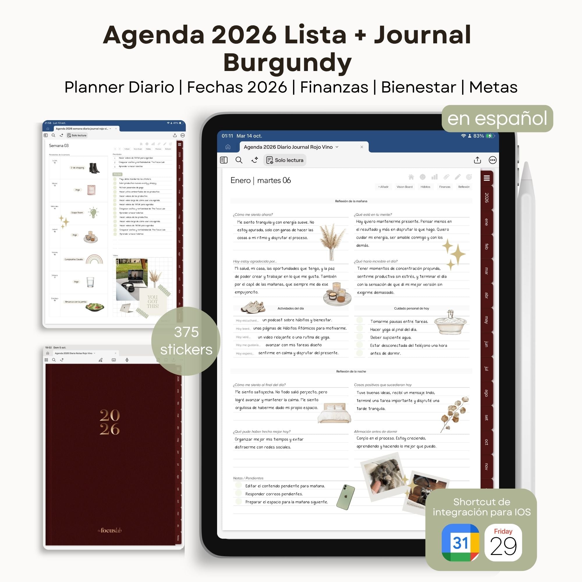 Agenda Digital Rojo Vino 2026 Diaria - Página de hábitos y metas