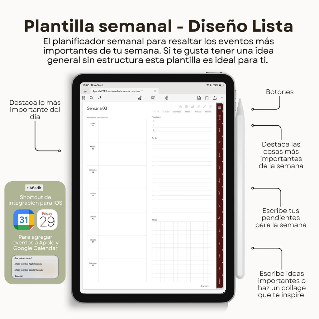 Agenda Digital Rojo Vino 2026 Diaria
