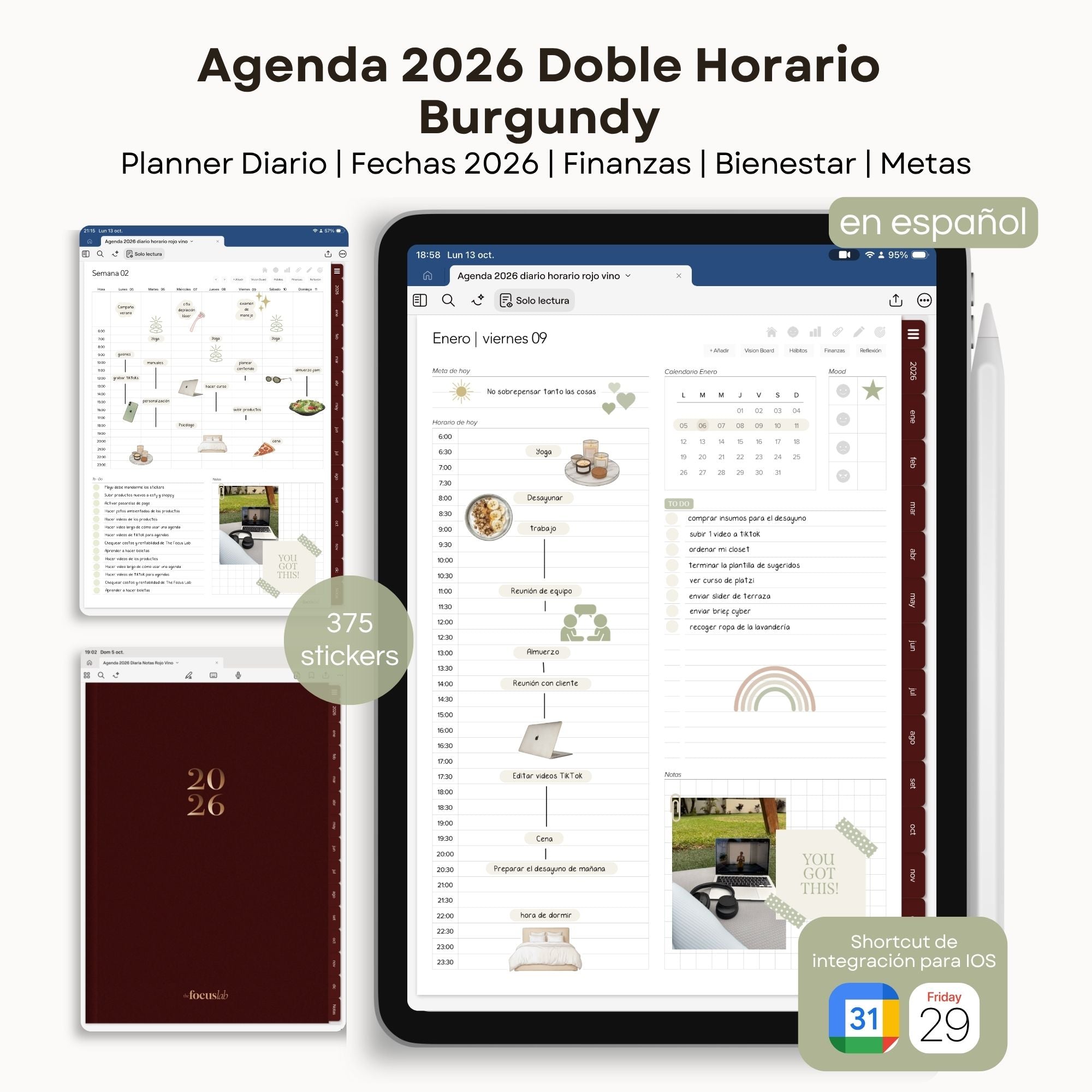 Agenda Digital Rojo Vino 2026 Diaria - Vista principal para iPad