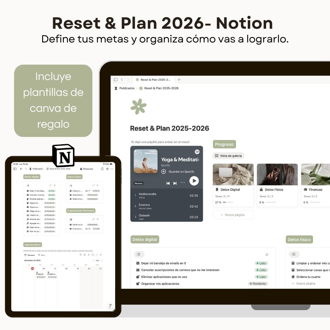 Reset & Plan 2026 - Plantilla de Notion - Vista principal para iPad