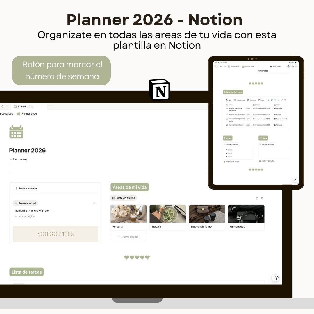 Planner 2026 - Plantilla de Notion - Vista principal para iPad