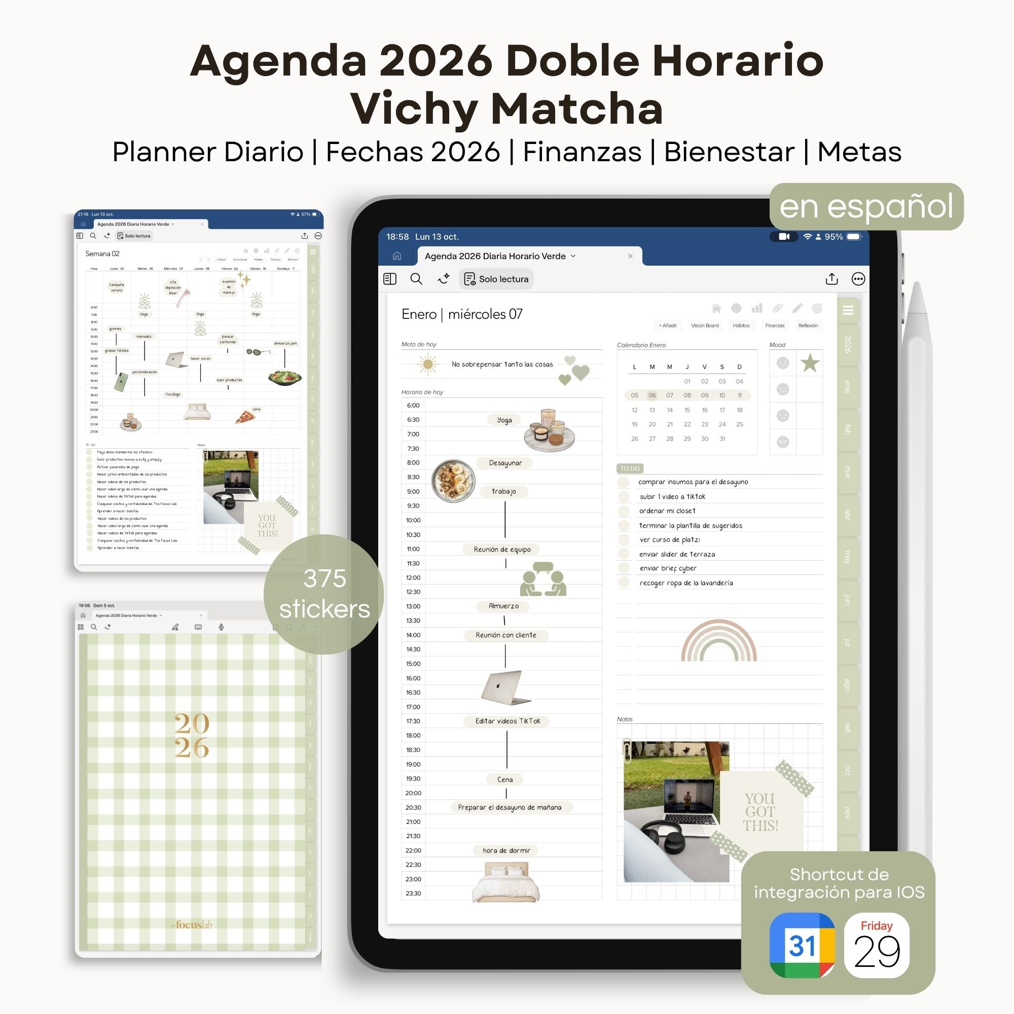 Agenda Digital Vichy Matcha 2026 Diaria - Vista principal para iPad