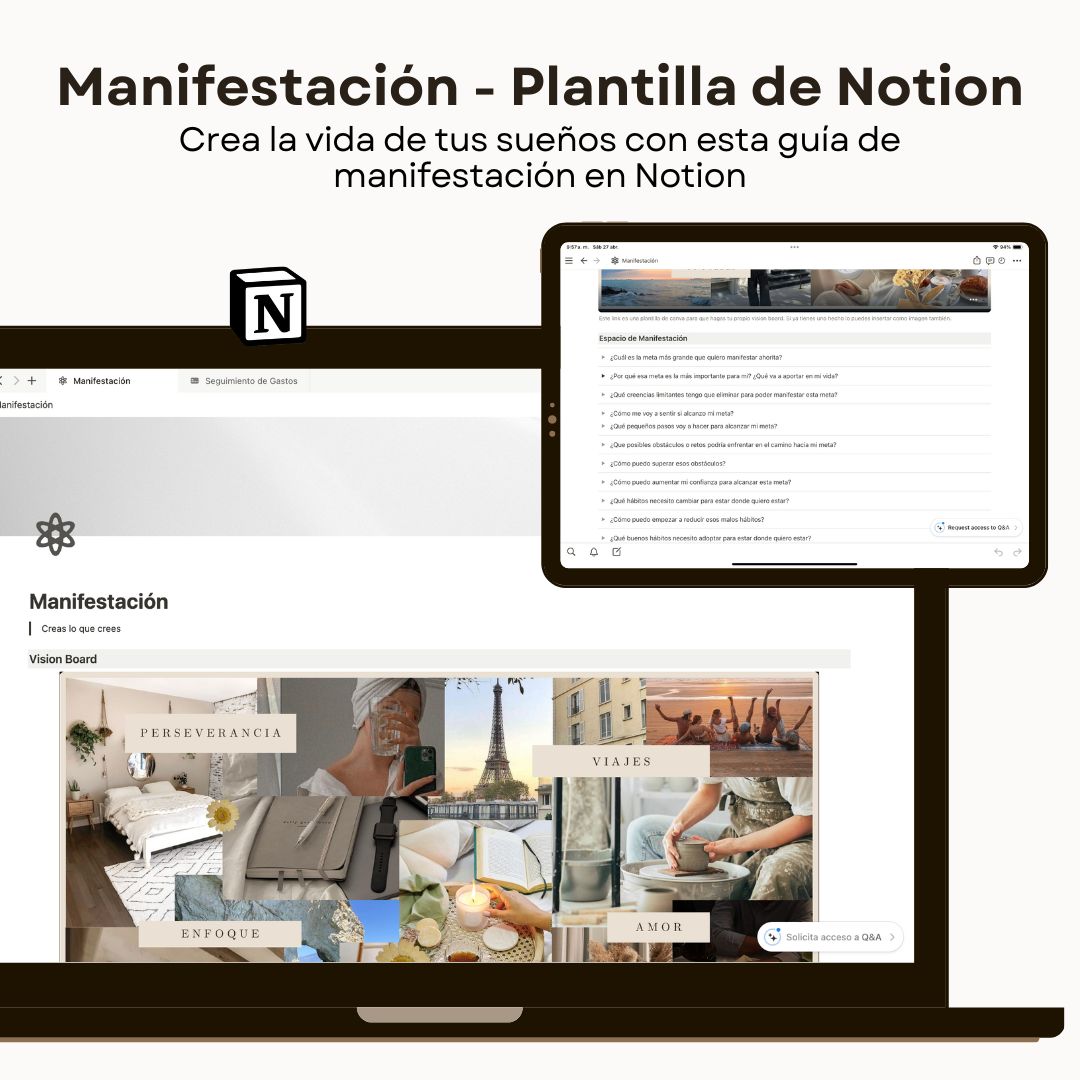 Guía de Manifestación Notion | Plantilla Digital + Vision Board - Vista principal para iPad
