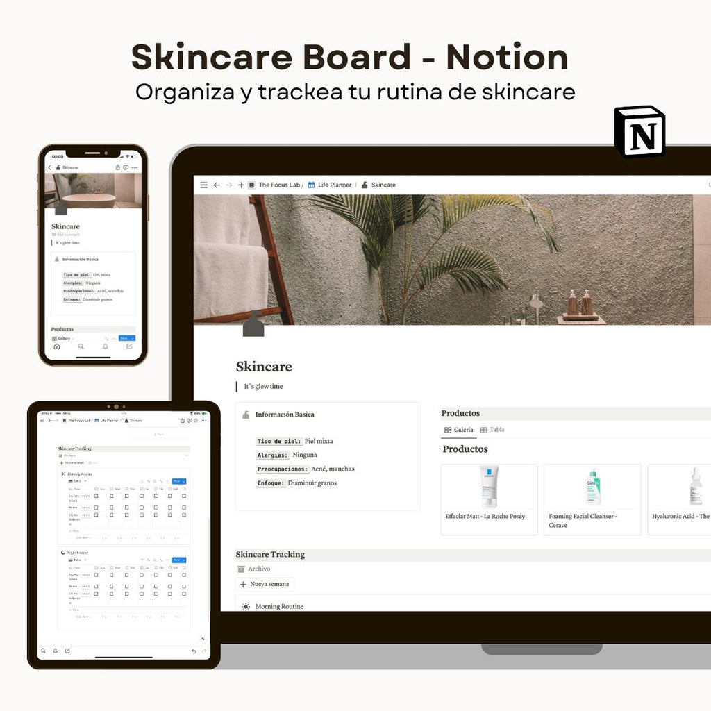 Skincare Board en Notion | Plantilla Digital para Rutina de Cuidado de Piel - Vista principal para iPad