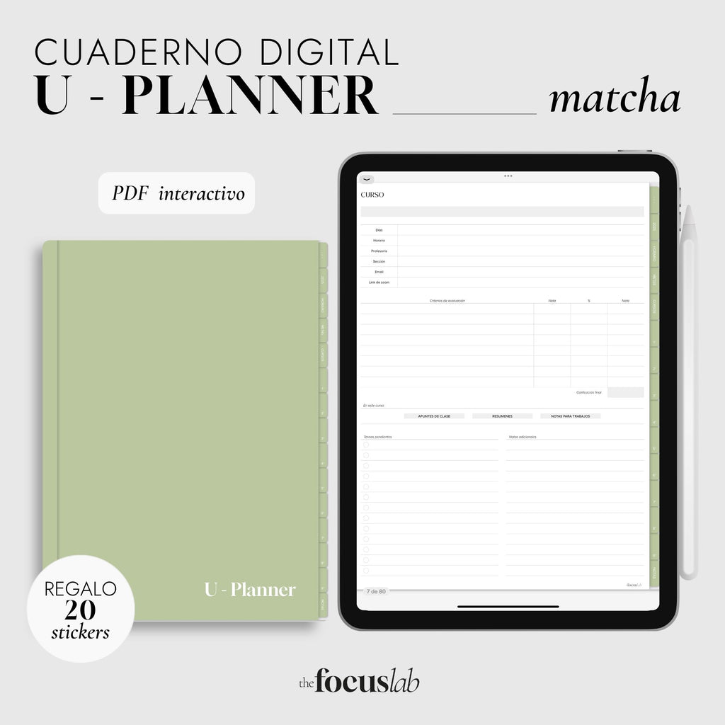 Cuaderno Digital Universidad | UPlanner Matcha | Stickers