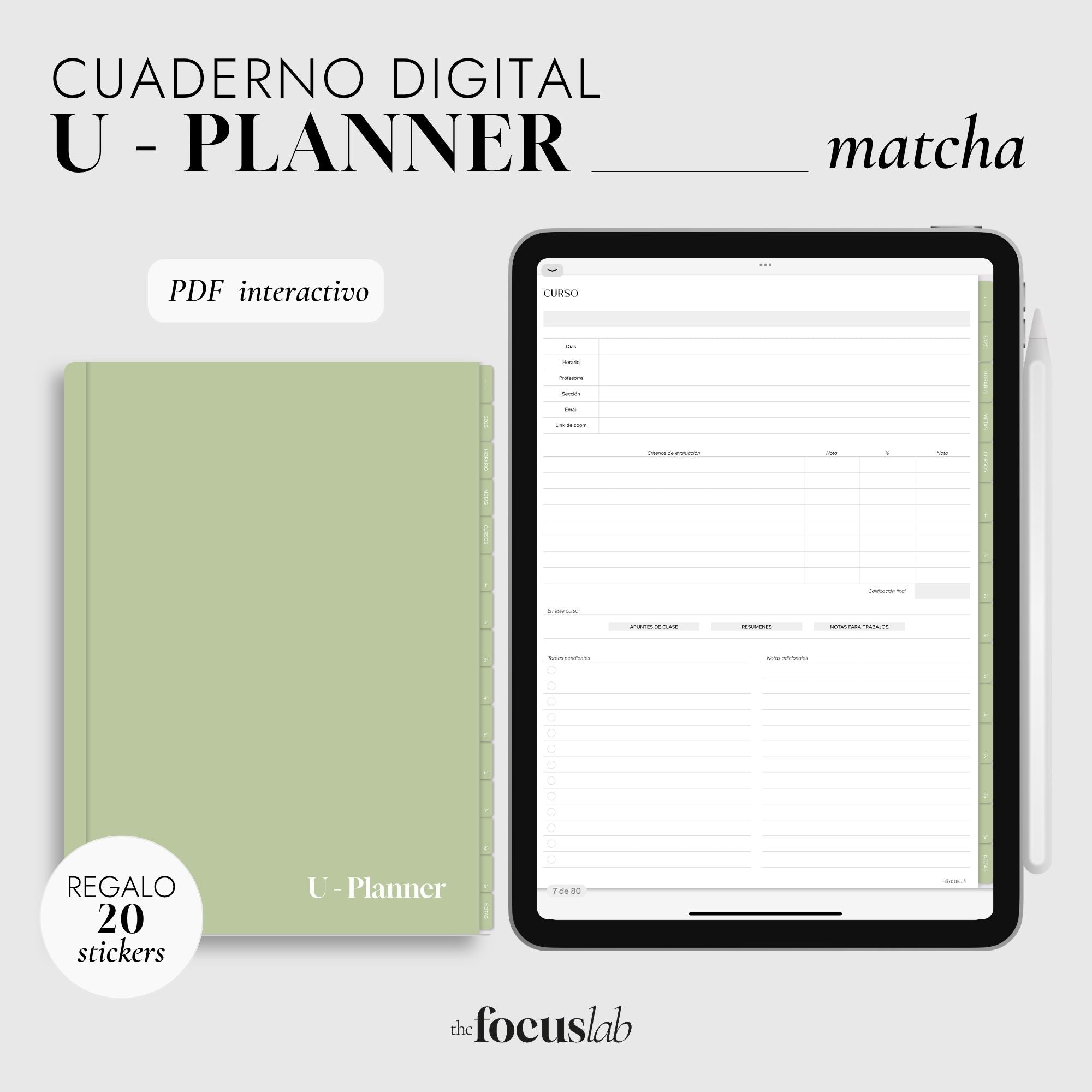 Cuaderno Digital Universidad | UPlanner Matcha | Stickers