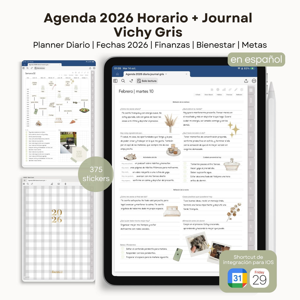 Agenda Digital Vichy Gris 2026 Diaria - Diseño de página semanal