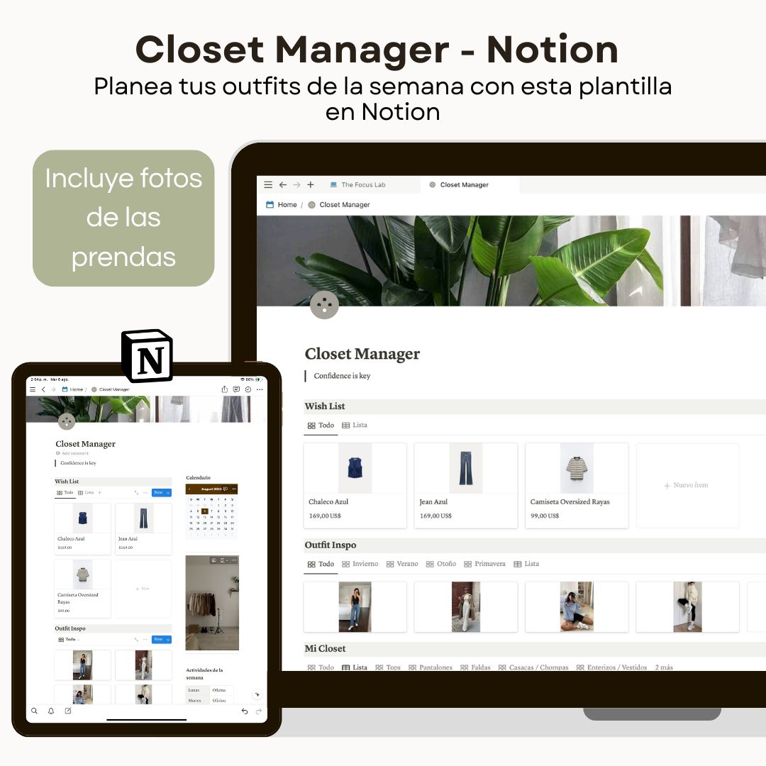 Closet Manager en Notion - Vista principal para iPad