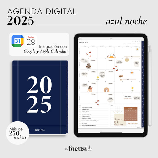 Agenda Digital 2025 Azul Noche con Integración a Apple y Google Calendar y STICKERS
