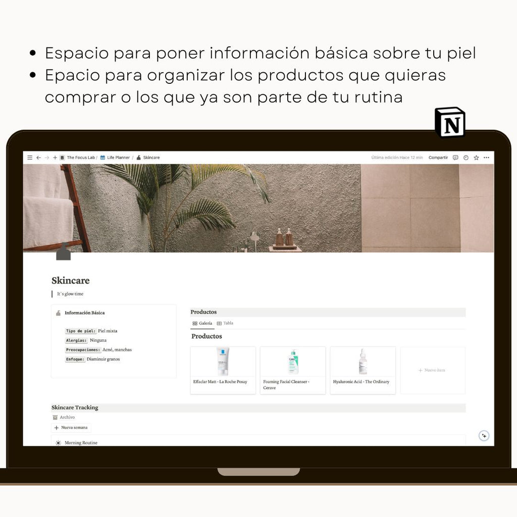 Skincare Board en Notion | Plantilla Digital para Rutina de Cuidado de Piel - Vista interior de páginas