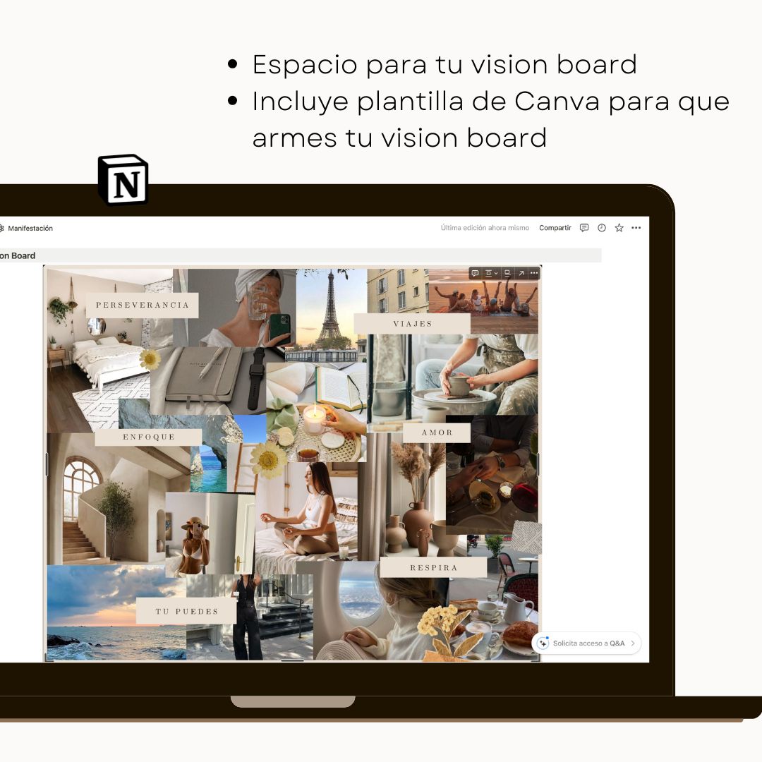 Guía de Manifestación Notion | Plantilla Digital + Vision Board - Vista interior de páginas