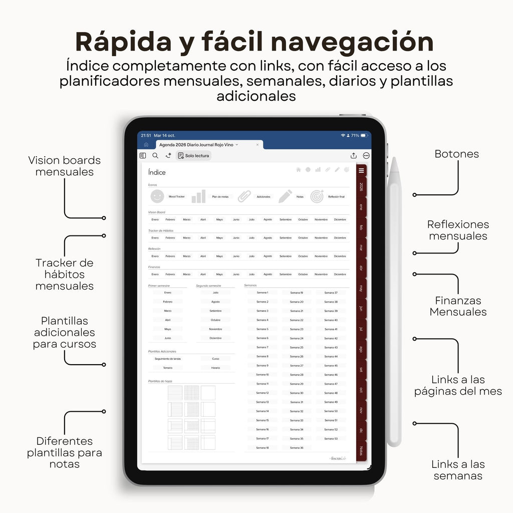 Agenda Digital Rojo Vino 2026 Diaria