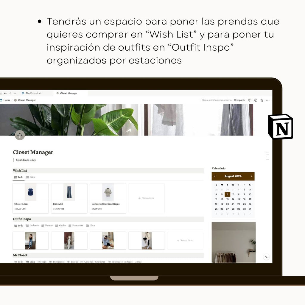 Closet Manager en Notion - Vista interior de páginas