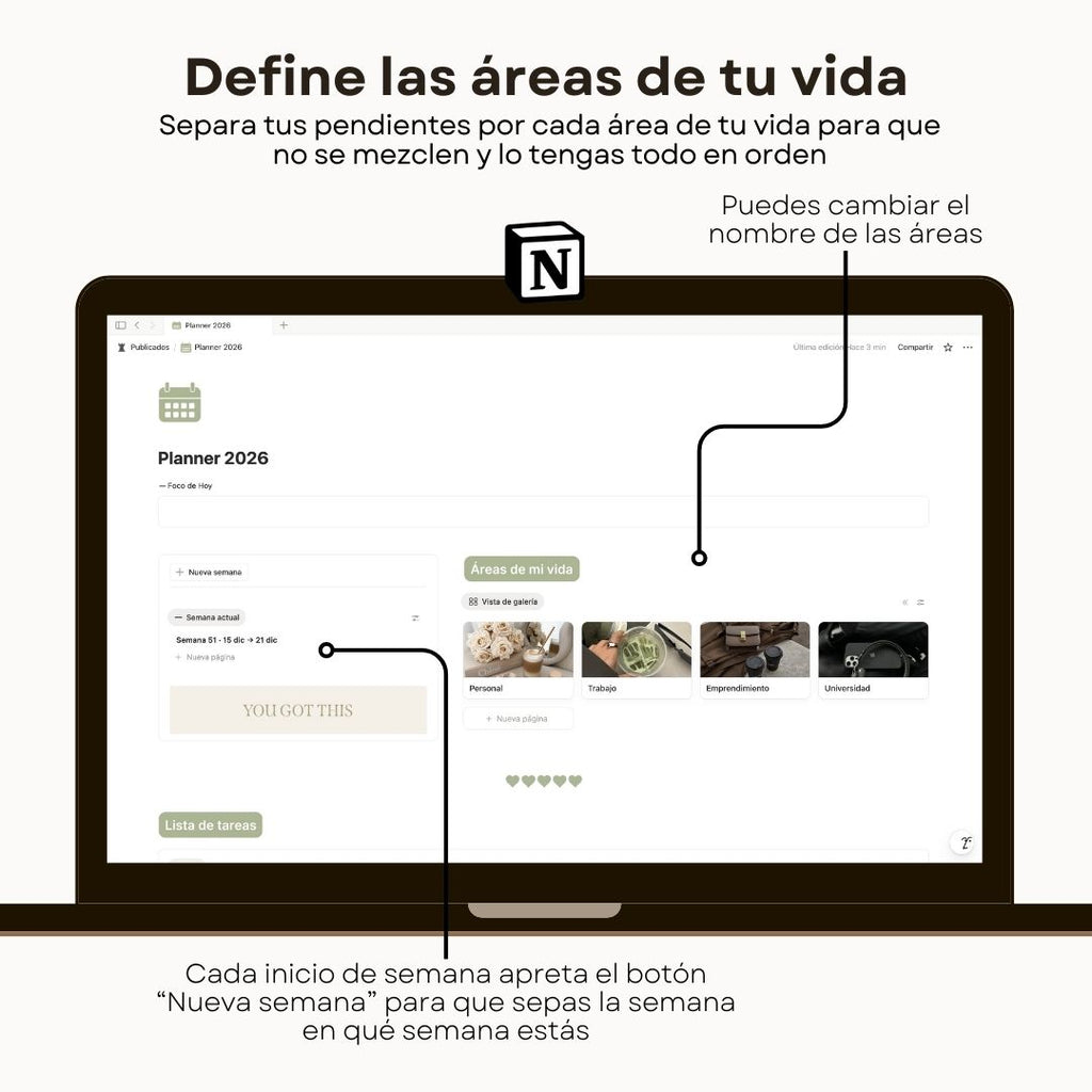 Planner 2026 - Plantilla de Notion - Vista interior de páginas