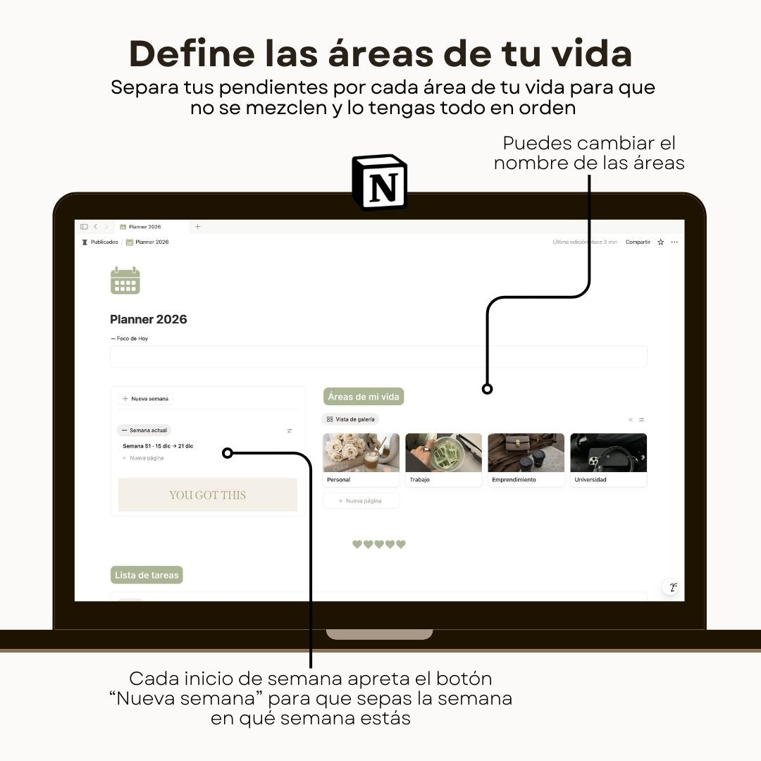 Planner 2026 - Plantilla de Notion - Vista interior de páginas