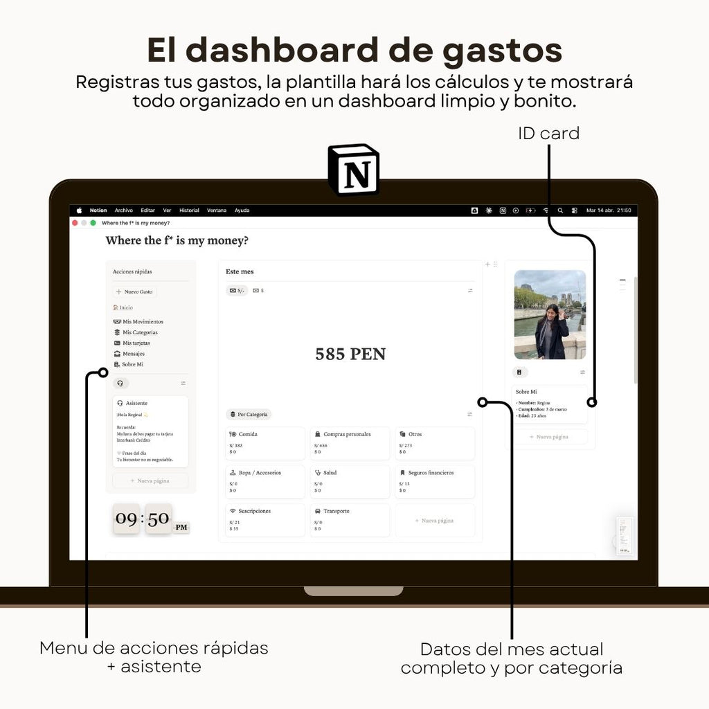 Seguimiento de Gastos | WTF is my money? | Plantilla Notion - Vista interior de páginas