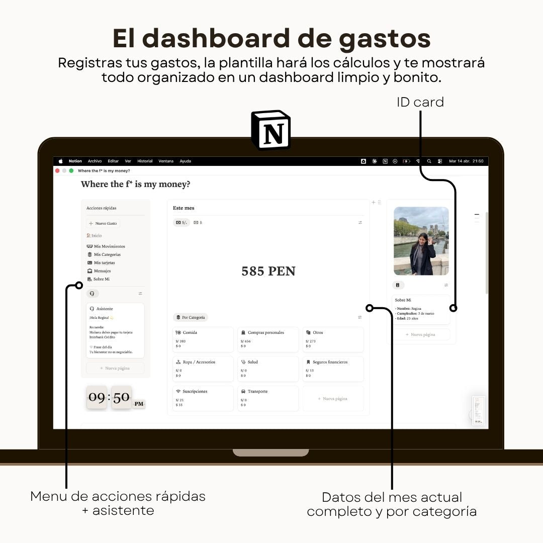 Seguimiento de Gastos | WTF is my money? | Plantilla Notion - Vista interior de páginas