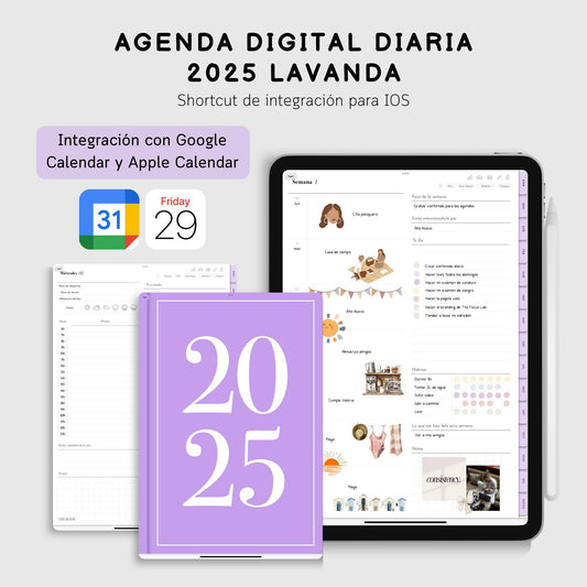 Agenda Digital 2025 Lavanda Diaria con Integración a Apple Calendar y Google Calendar