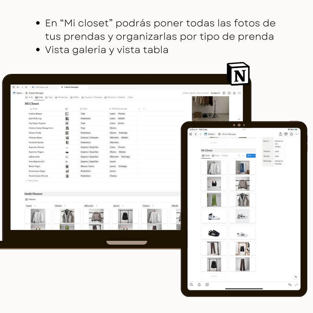 Closet Manager en Notion - Diseño de página semanal