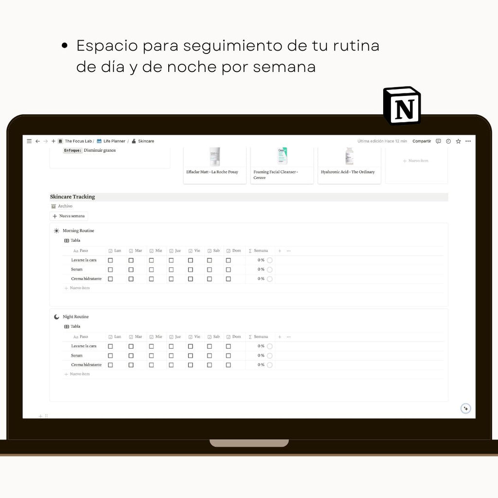 Skincare Board en Notion | Plantilla Digital para Rutina de Cuidado de Piel - Diseño de página semanal