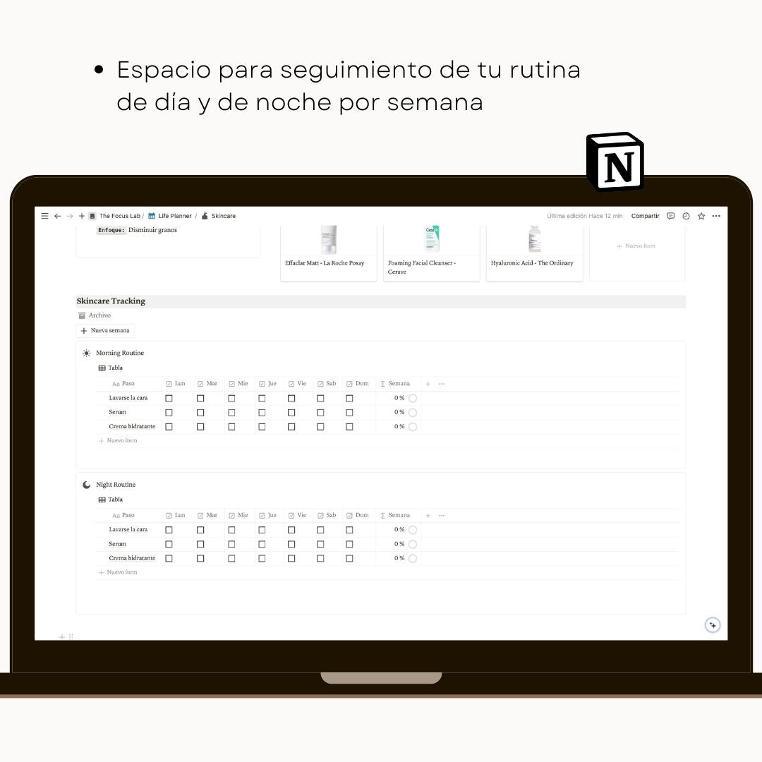 Skincare Board en Notion | Plantilla Digital para Rutina de Cuidado de Piel - Diseño de página semanal