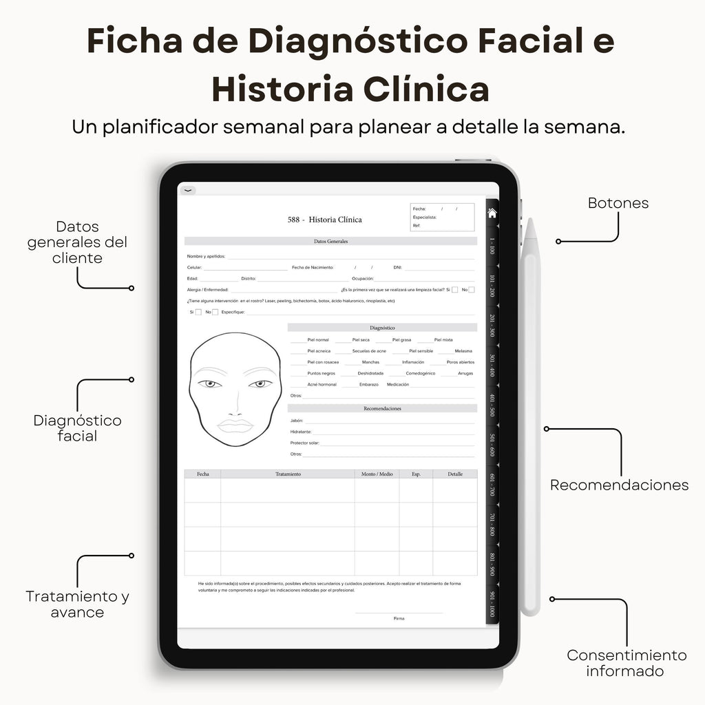 Plantilla de Historia Clínica Estética Digital | Ficha de Diagnóstico Facial y Registro de Clientes