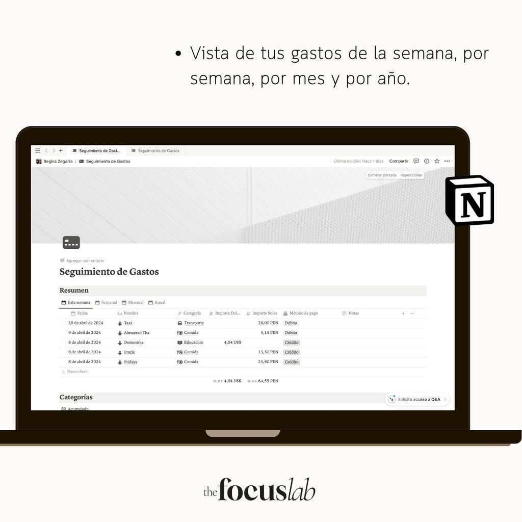 Seguimiento de Gastos | Plantilla de Notion - Diseño de página semanal