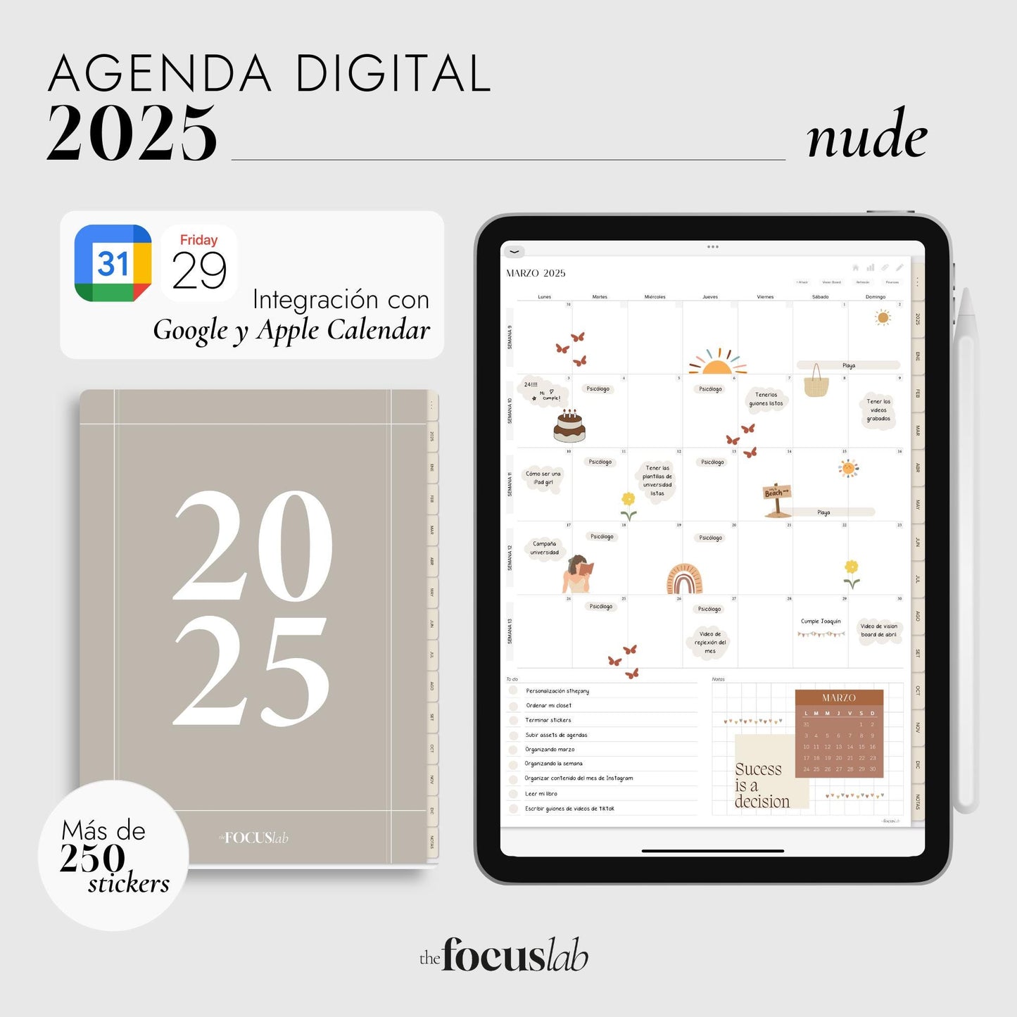 Agenda Digital 2025 Nude con Integración a Apple y Google Calendar y STICKERS
