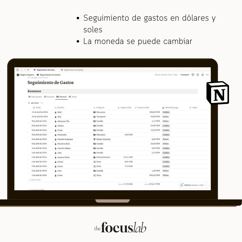Seguimiento de Gastos | Plantilla de Notion - Diseño de página mensual