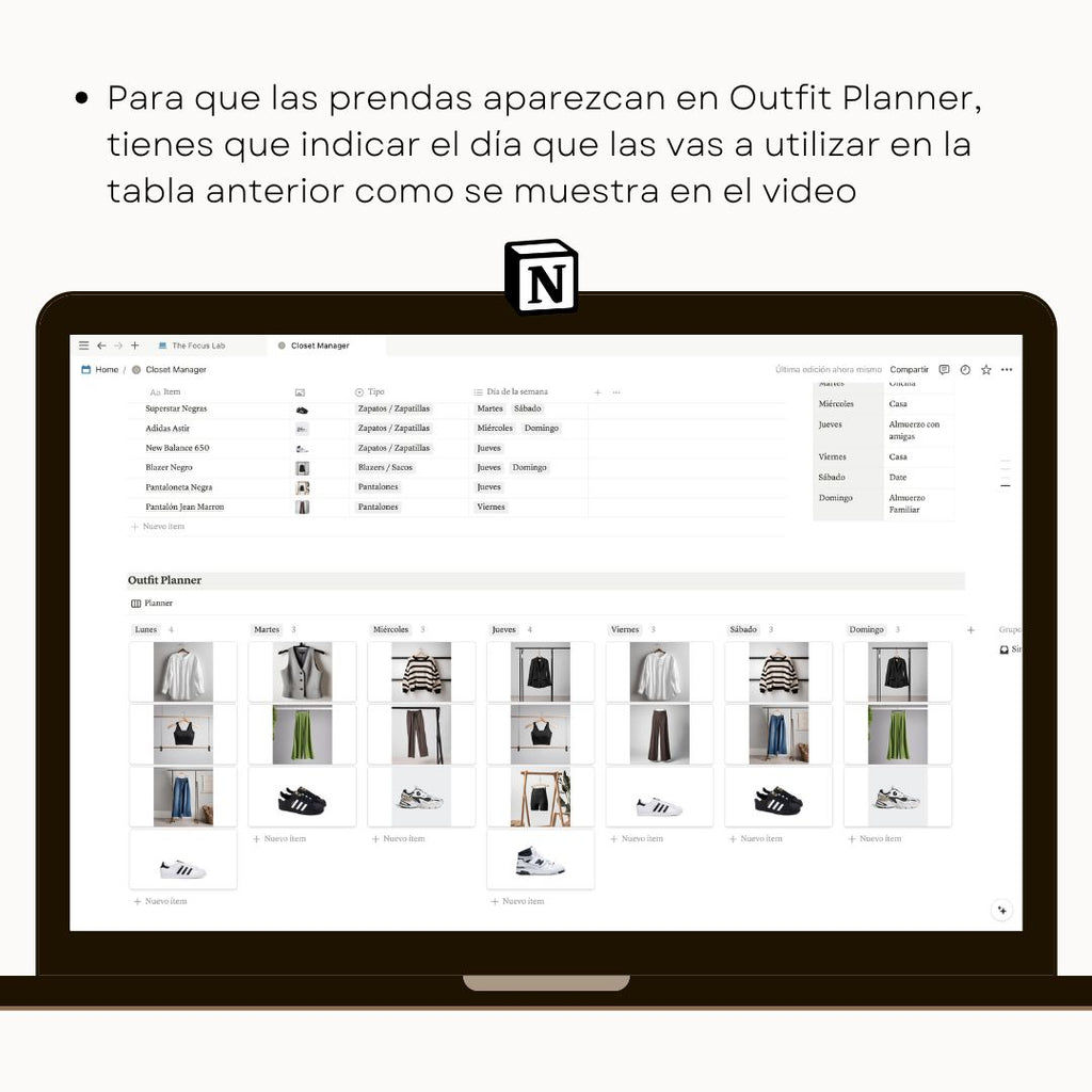 Closet Manager en Notion - Diseño de página mensual