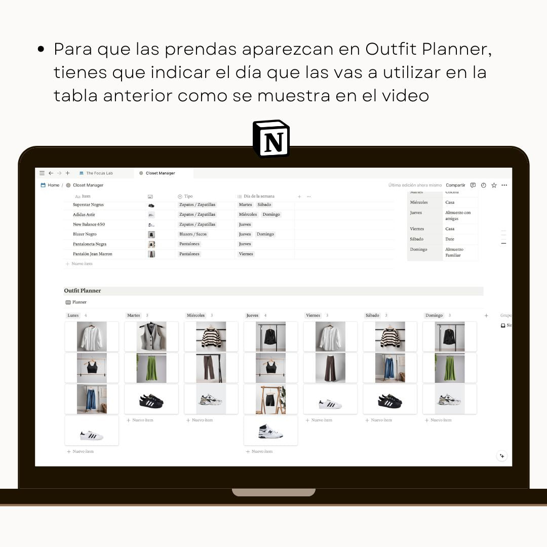 Closet Manager en Notion - Diseño de página mensual