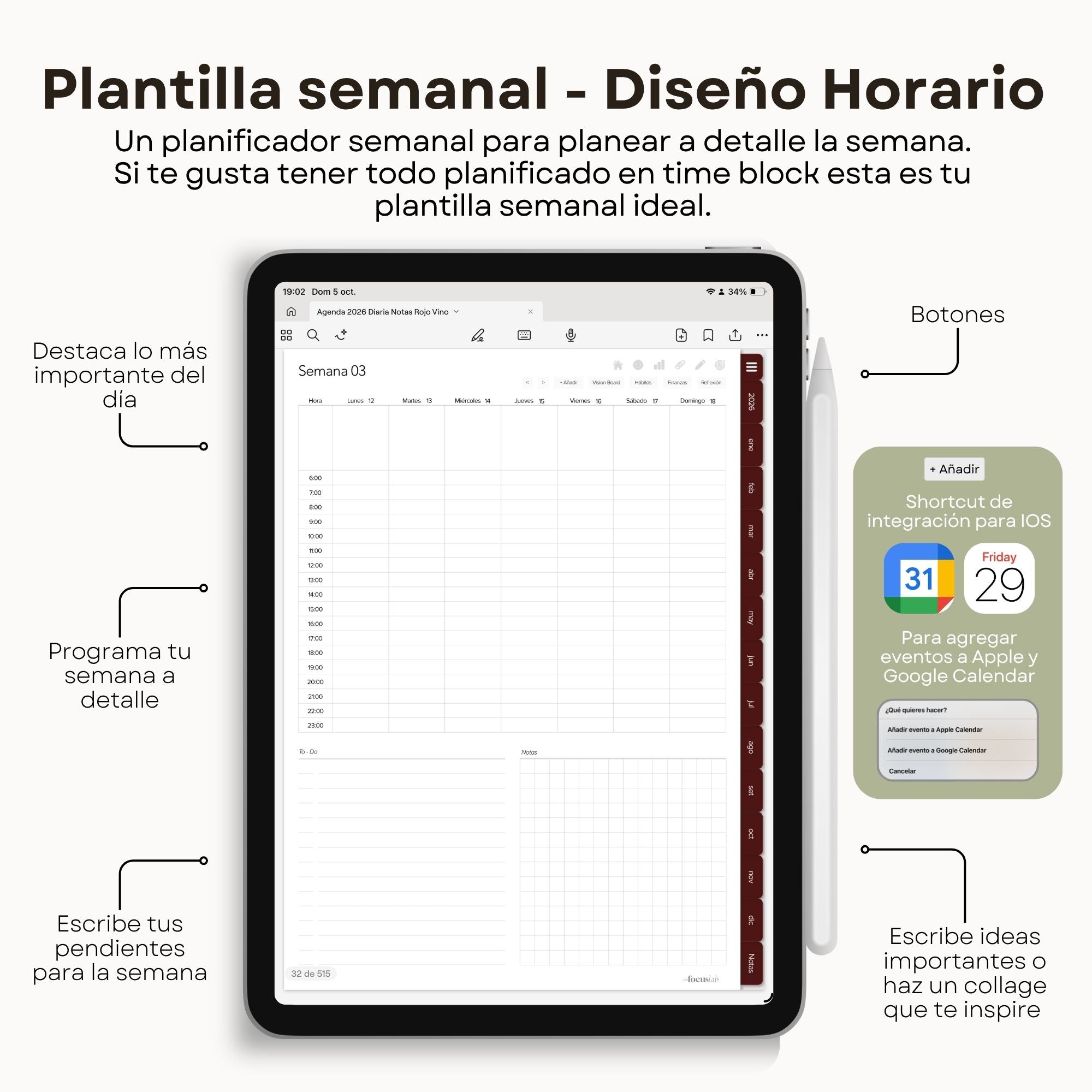 Agenda Digital Rojo Vino 2026 Diaria - Detalle de navegación