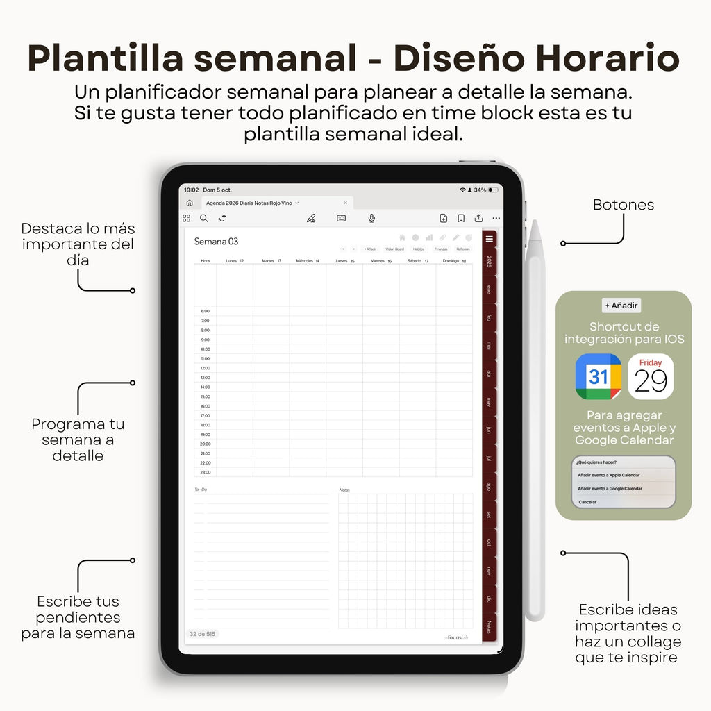 Agenda Digital Rojo Vino 2026 Diaria