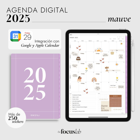 Agenda Digital 2025 Mauve con Integración a Apple y Google Calendar y STICKERS