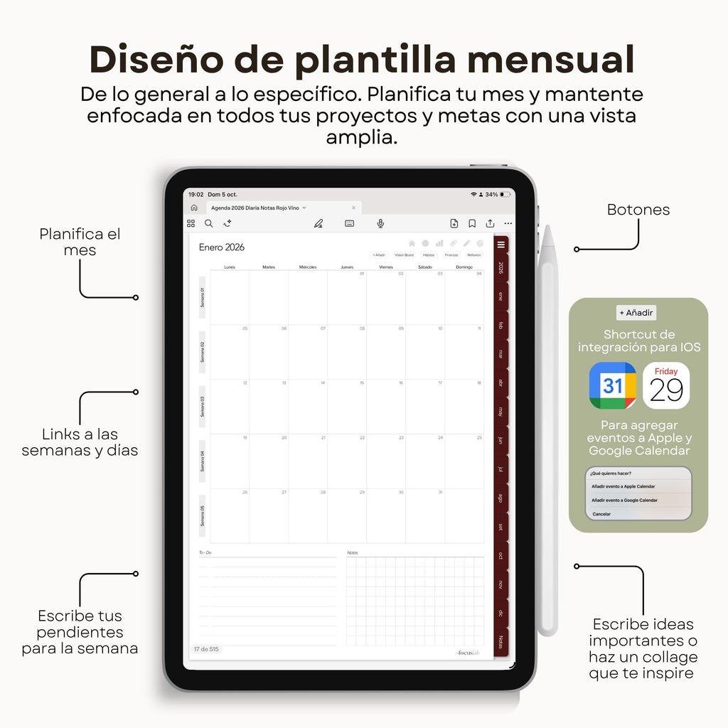 Agenda Digital Rojo Vino 2026 Diaria