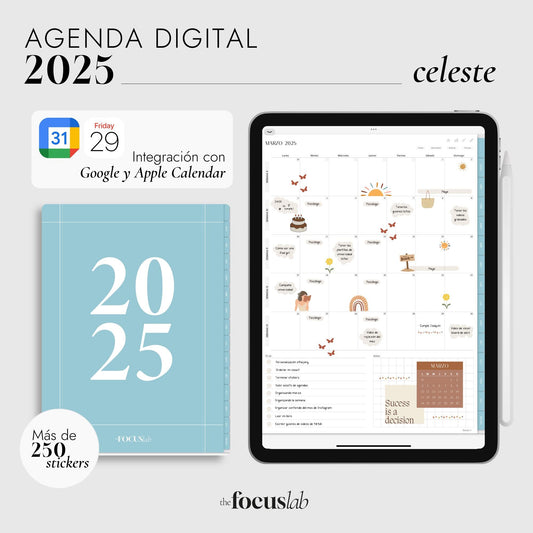 Agenda Digital 2025 Celeste con Integración a Apple y Google Calendar y STICKERS