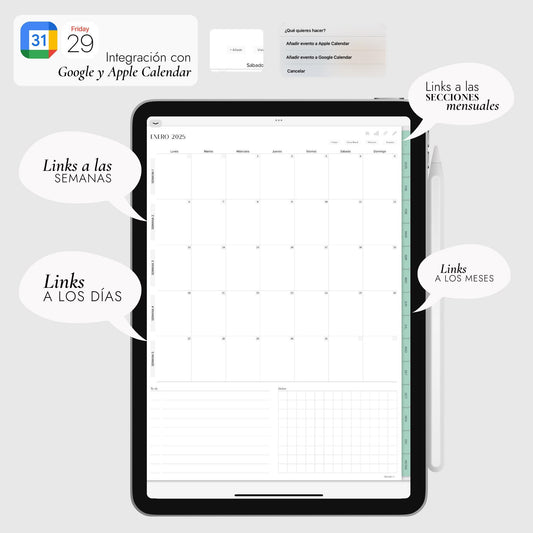 Agenda Digital 2025 Celeste Agua con Integración a Apple y Google Calendar y STICKERS