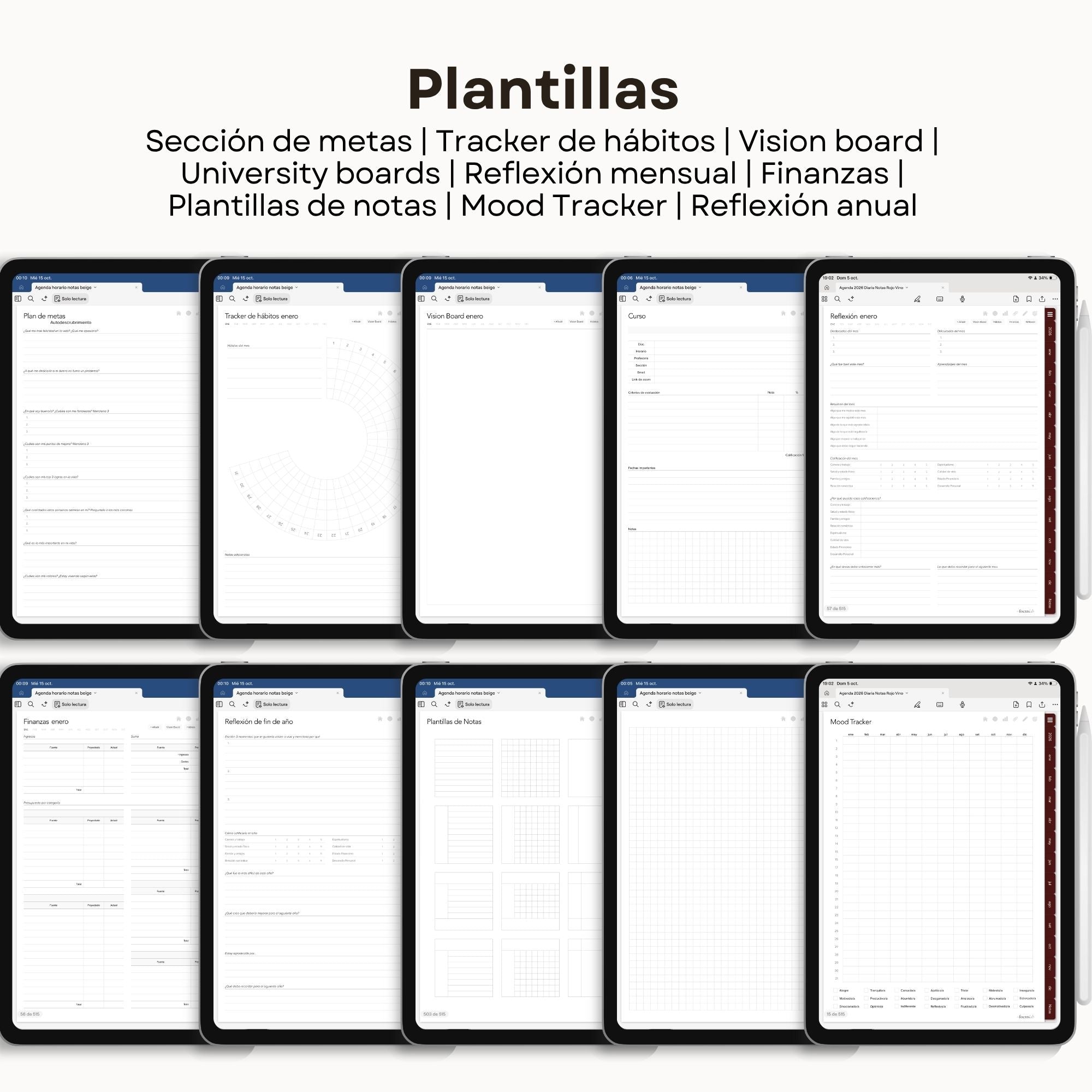 Agenda Digital Rojo Vino 2026 Diaria - Mockup en iPad