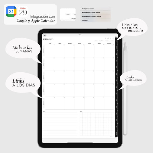 Agenda Digital 2025 Negro con Integración a Apple y Google Calendar y STICKERS