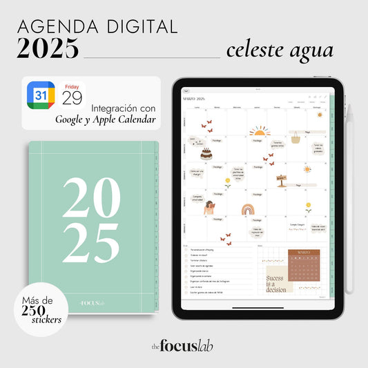 Agenda Digital 2025 Celeste Agua con Integración a Apple y Google Calendar y STICKERS