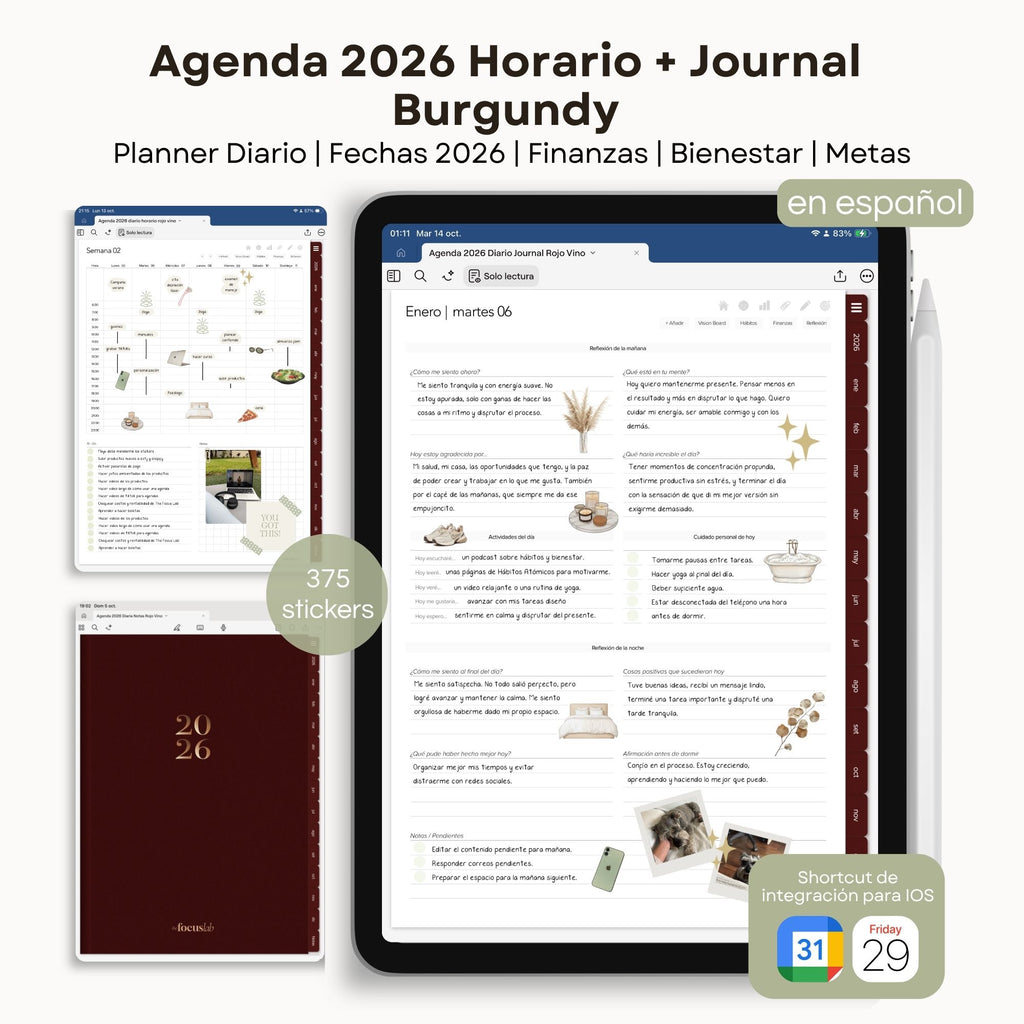 Agenda Digital Rojo Vino 2026 Diaria - Diseño de página semanal